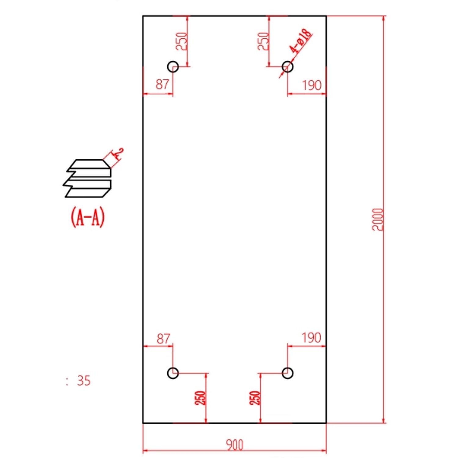 Technische Zeichnung Glasvordach Elbrus: Maße, Bohrungen, Details für Montage. Bauprojekt-Planung.
