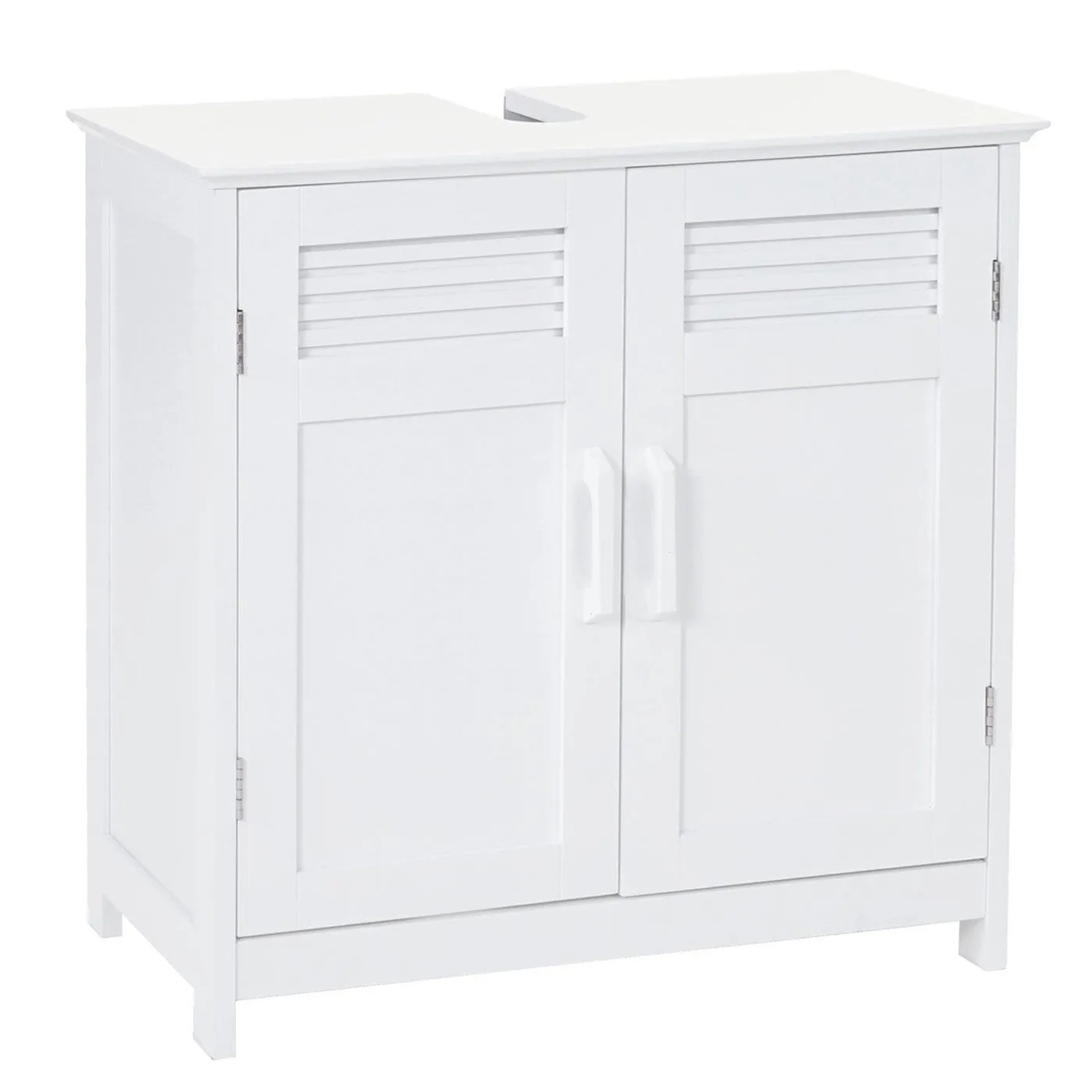 Weißer MCW Waschbeckenunterschrank A85 mit zwei Türen, Lamellen-Design und Aussparung für das Waschbecken.