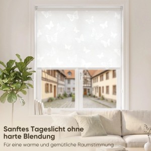 Sekey Rollo Seitenzugrollo ohne Bohren Blickdicht Sichtschutzrollo Schmetterling Weiss 70x150cm