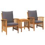 vidaXL 3-tlg. Garten-Lounge-Set aus Akazienholz mit grauen Kissen, bestehend aus zwei Stühlen und einem Tisch.