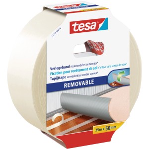 Tesa Verlegeband, 25m x 50mm, rückstandsfrei entfernbar für Teppiche und PVC-Beläge.