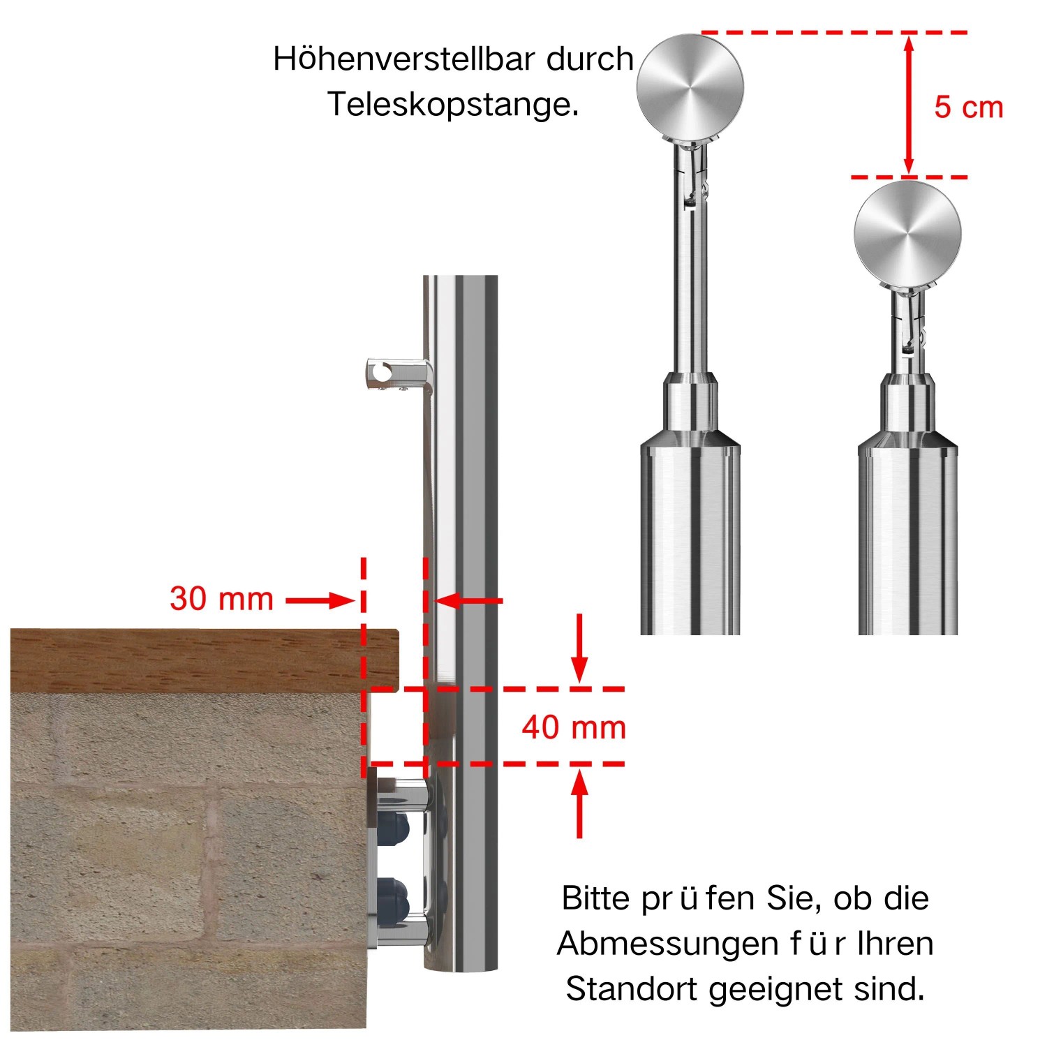 Edelstahl Geländer: Seitliche Befestigung (30/40mm) und höhenverstellbare Teleskopstange (5cm) für Treppen & Geländer.