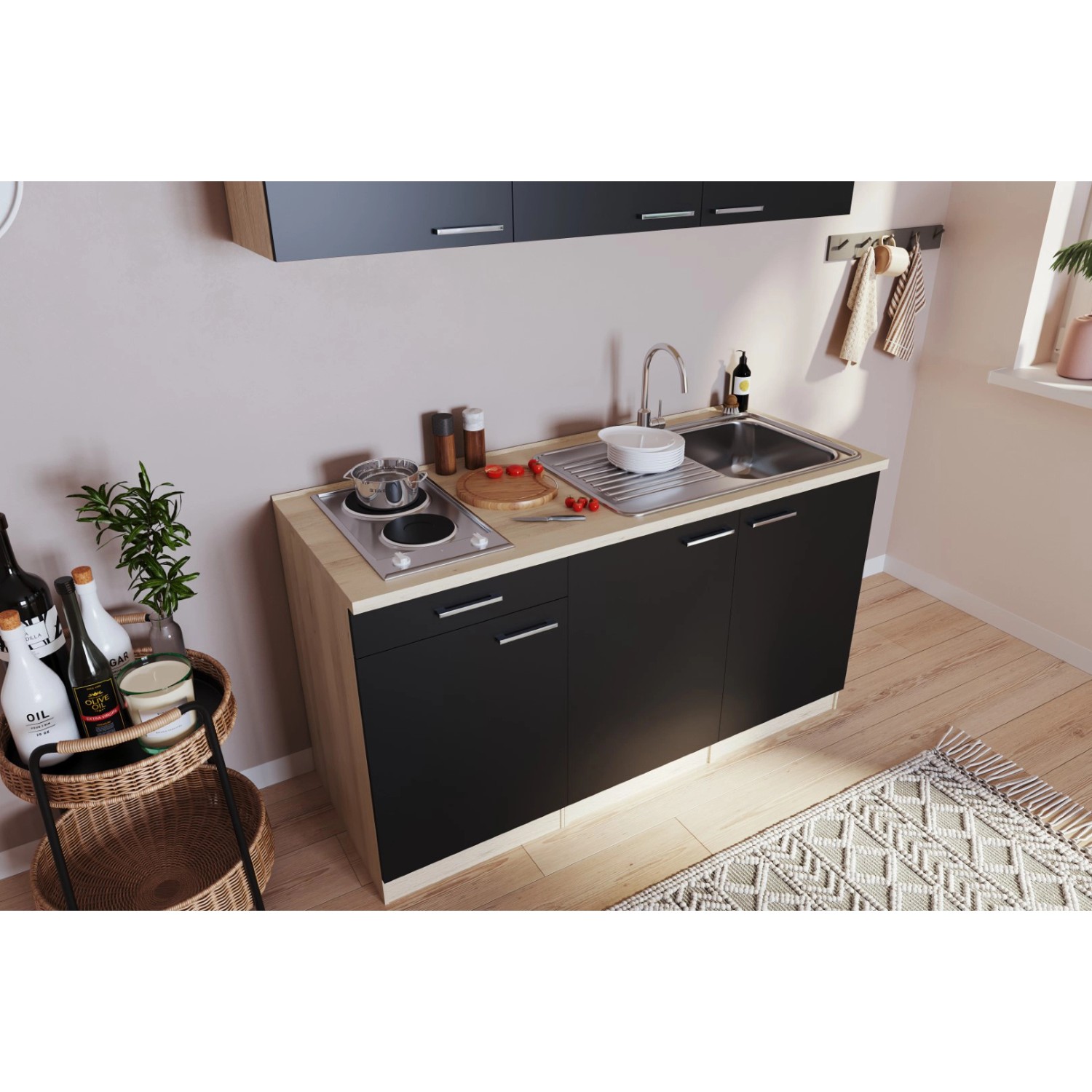 Respekta Singleküche Luis 150 cm in Schwarz-Eiche sägerau mit Kochfeld und Spüle.