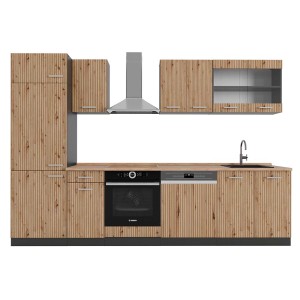 Moderne Küchenzeile Vicco R-Line in Artisan Eiche/Anthrazit, 300 cm breit. Inklusive Spüle, Herdumbauschrank und Hängeschränke.