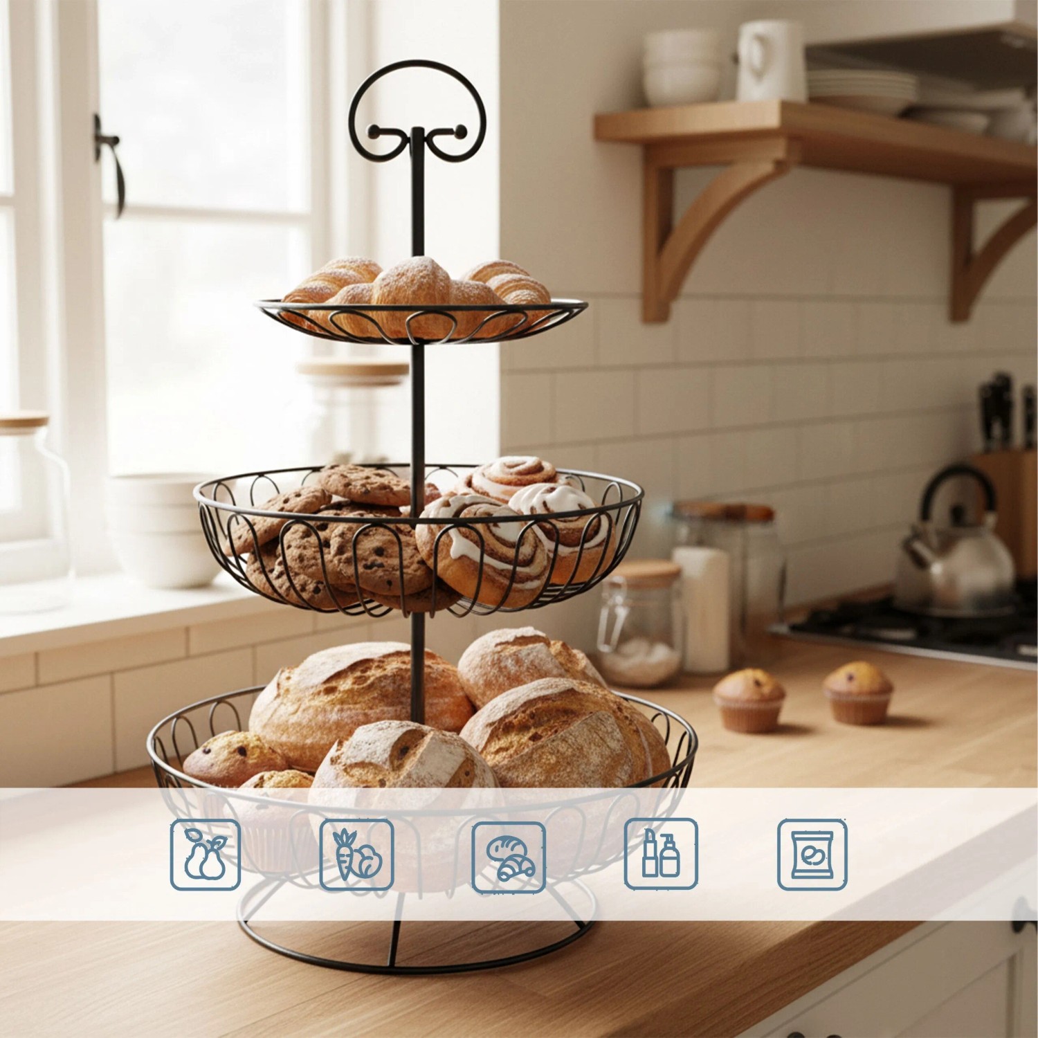 Schwarze Relaxdays Obst Etagere aus Eisen mit 3 Etagen, gefüllt mit Brot und Gebäck, auf einer Küchenzeile.