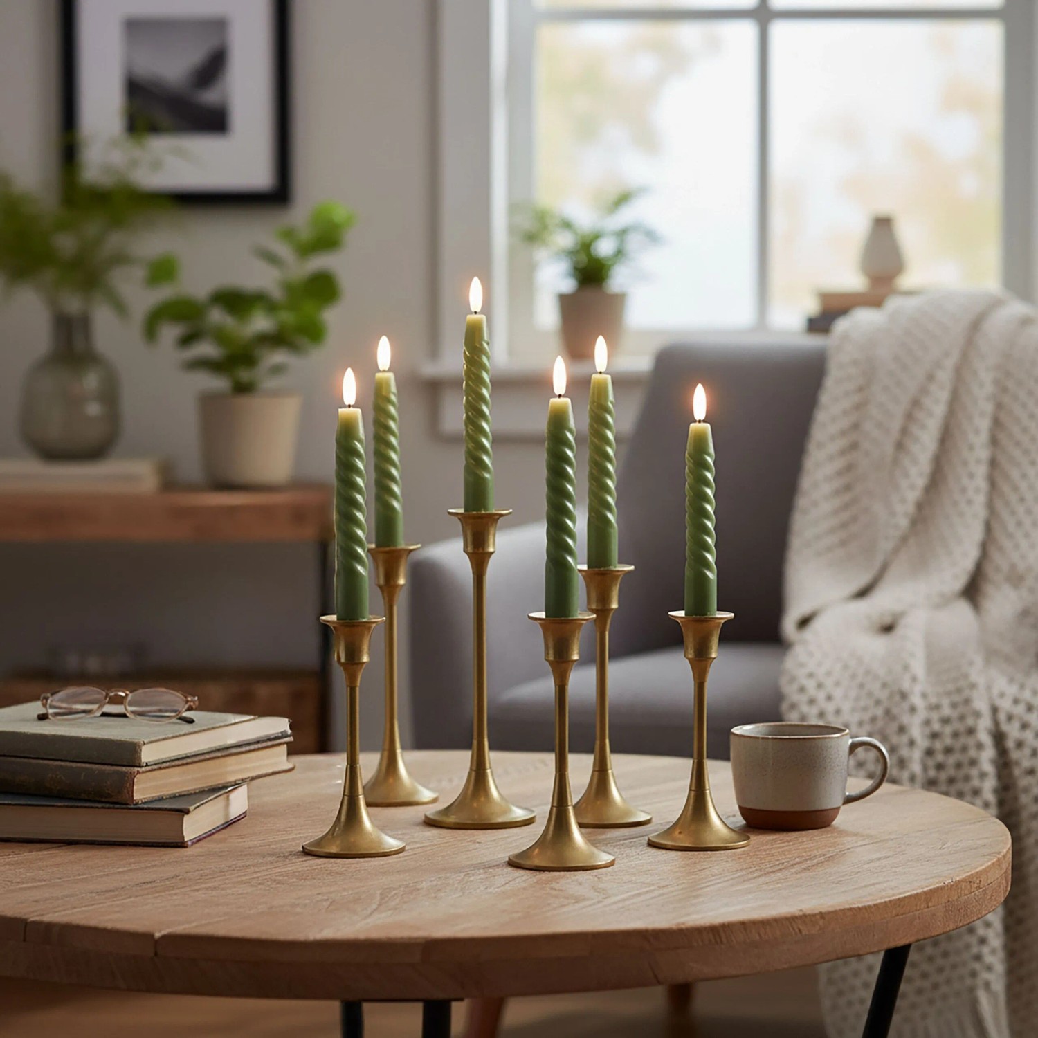 6er Set LED Stabkerzen aus Echtwachs in Khaki, flackernde flammenlose Leuchten auf goldenen Kerzenständern.