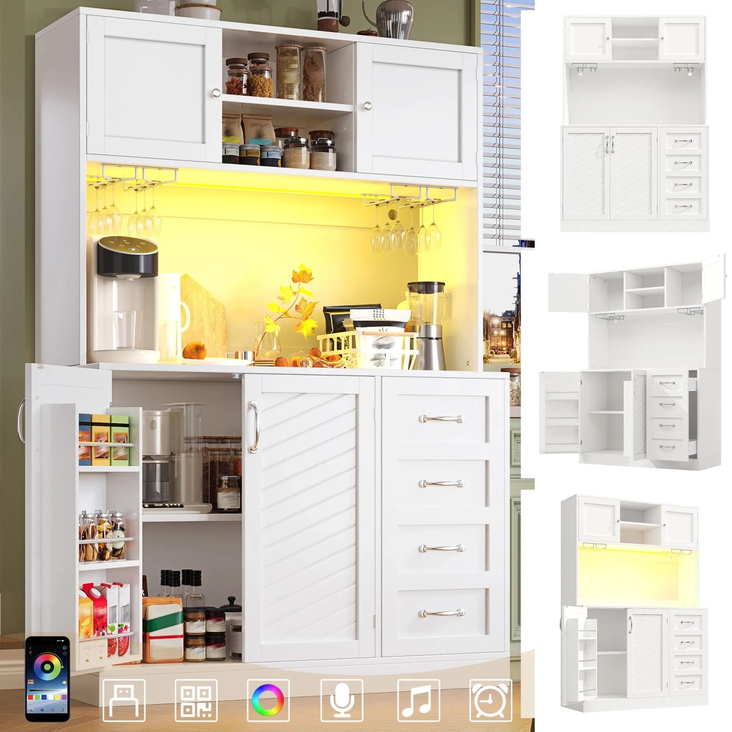 Merax Buffetschrank 120x40x188cm  LED  Snackregal  Getränkehalter  4 Türen  2 Schubladen