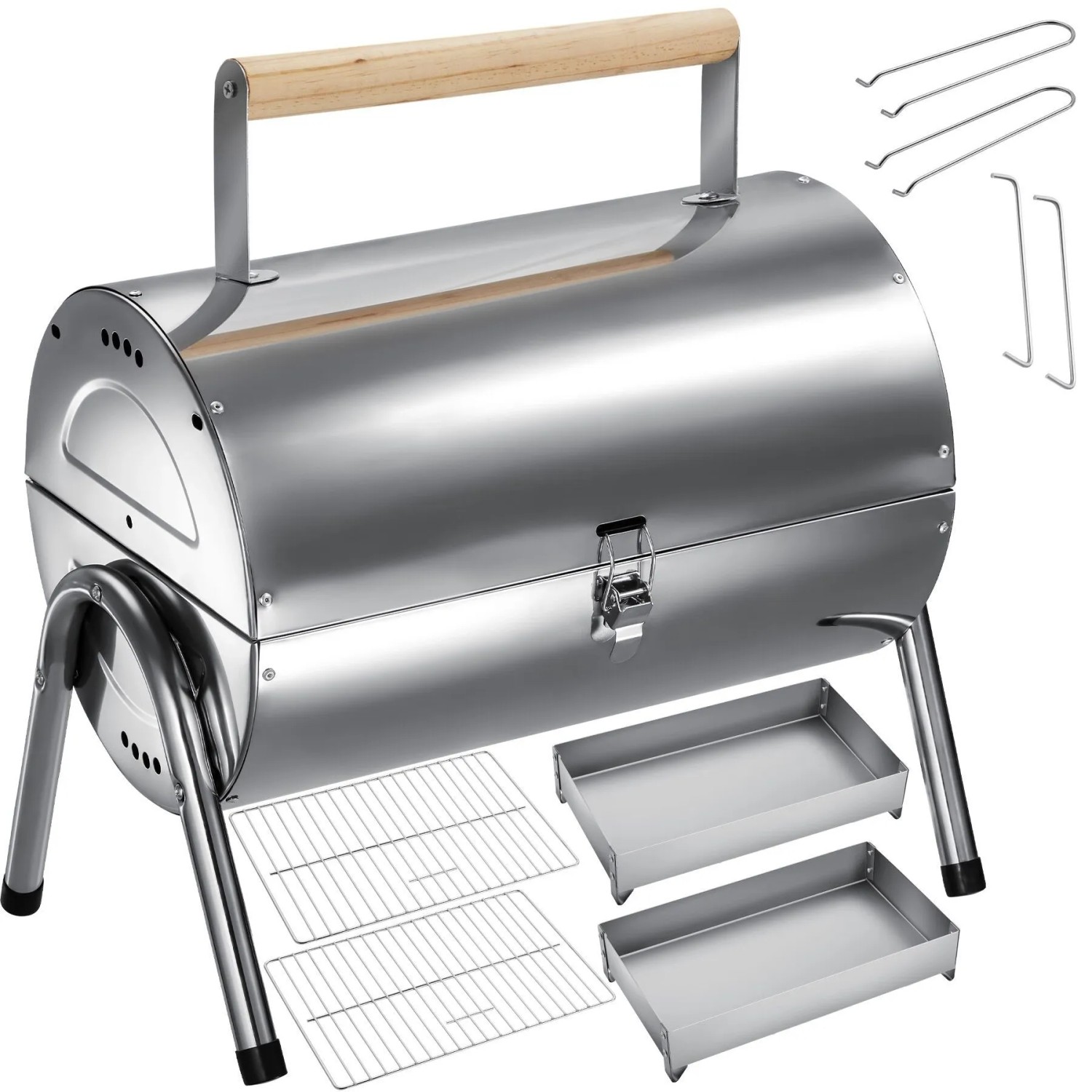 Tectake Edelstahlgrill  Mit Doppel Grillfläche und 2 Kohlewannen Breiter Holzgriff  Bodenschonende Fußkappen  30 5 x 42 x 44 cm Schwarz