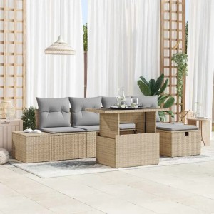 Beiges 7-teiliges vidaXL Garten-Sofa-Set aus Poly Rattan mit Tisch und Hockern.