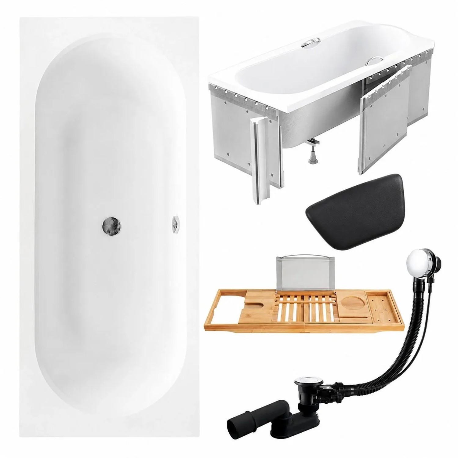 KOLMAN Badewanne Rechteck 160 x 75 Cm Mit Styroporverkleidung Mit Bambus Badewannenablage Mit Kopfstütze Inkl. Ablauf Und Füße