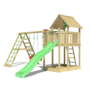 Jungle Gym Spielturm mit Doppelschaukel, Kletterbock und Rutsche in Hellgrün. Holz mit Dach.