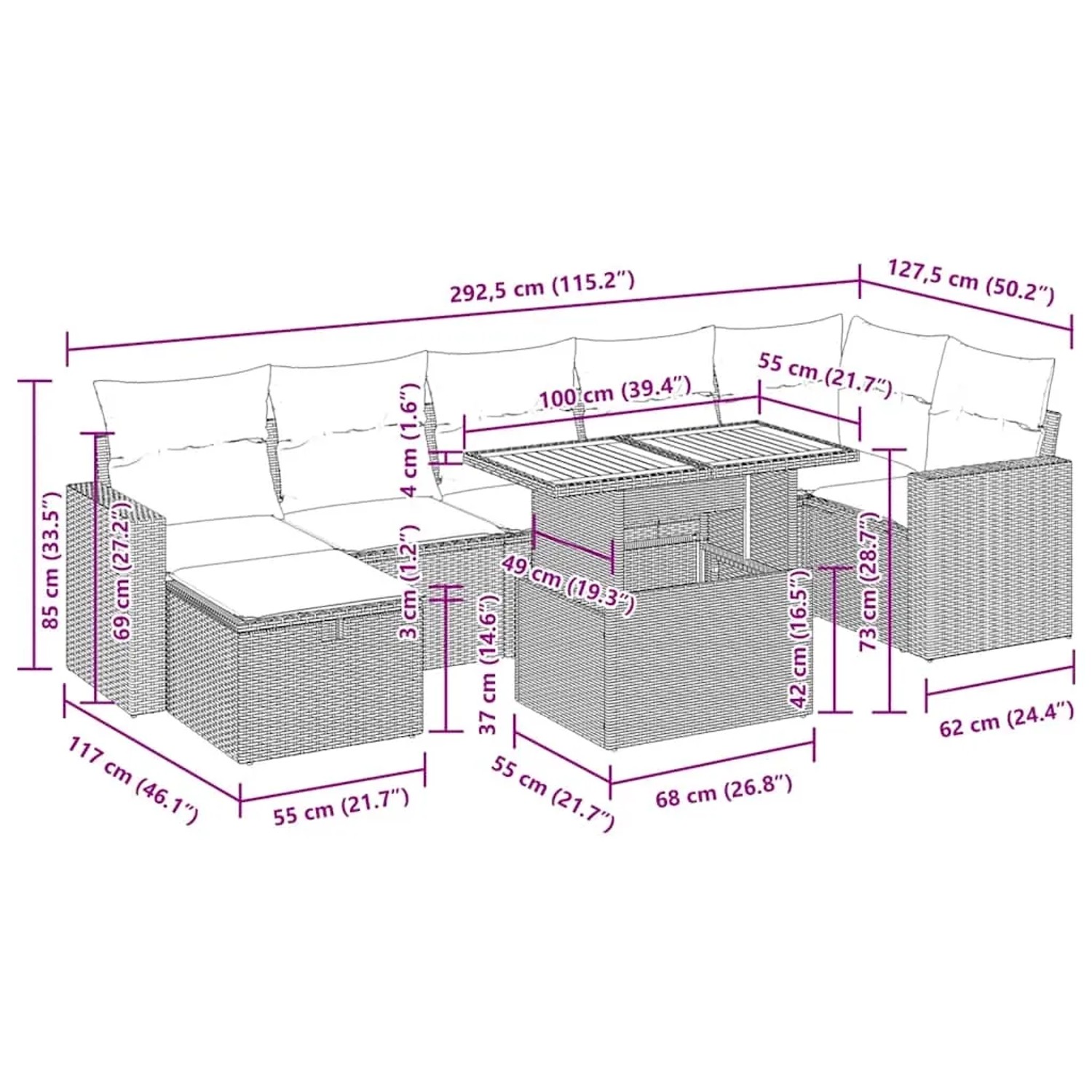vidaXL 5-tlg. Garten-Sofagarnitur, beige Poly Rattan mit Maßen. Ideal für Terrasse und Garten.