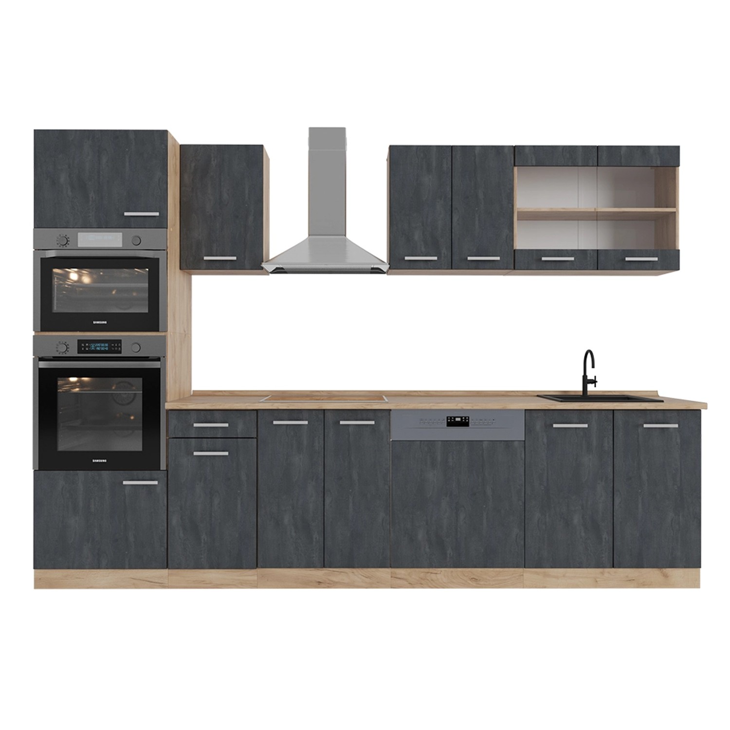 Vicco R-Line Komplettküche Schwarz Beton/Goldkraft Eiche 300 cm AP Eiche günstig online kaufen