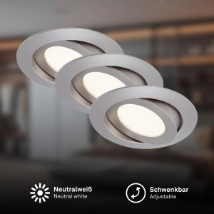 3er-Set schwenkbare Briloner LED-Einbauleuchten, Nickel matt, neutralweißes Licht.