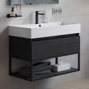 pianura Waschtisch mit Unterschrank Giulia Dark Wood 80 cm, weißes Becken, dunkles Holzdekor, schwarzes Metallgestell.