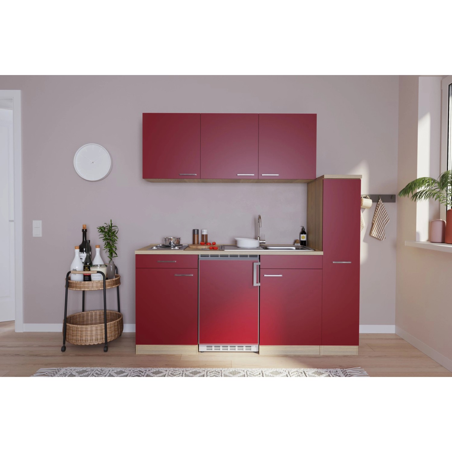 Respekta Küchenzeile KB180ESR 180 cm Rot-Eiche Sonoma Sägerau Nachbildung