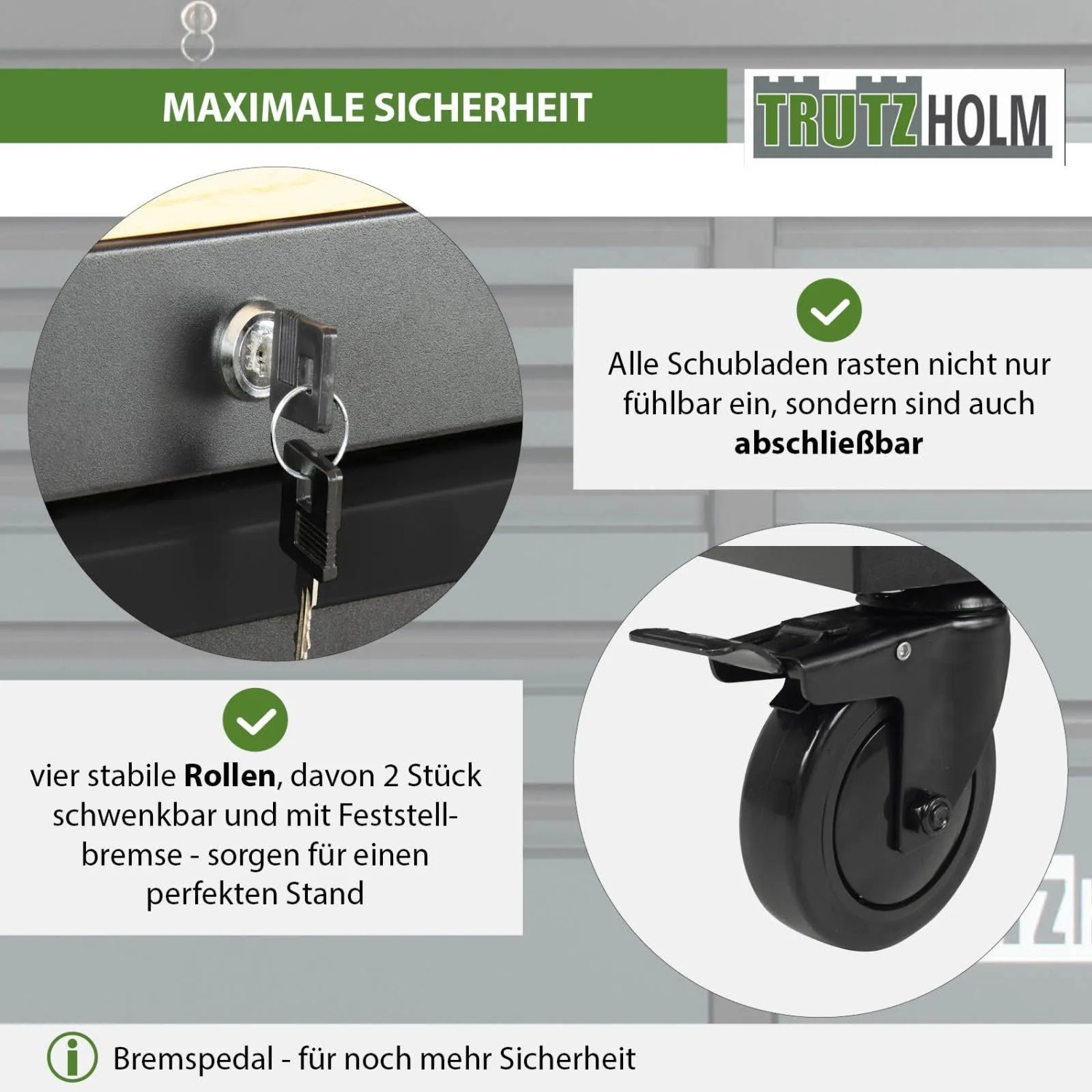 Detailansicht: TRUTZHOLM Werkstattwagen Star XL mit abschließbaren Schubladen und Rollen mit Feststellbremse.