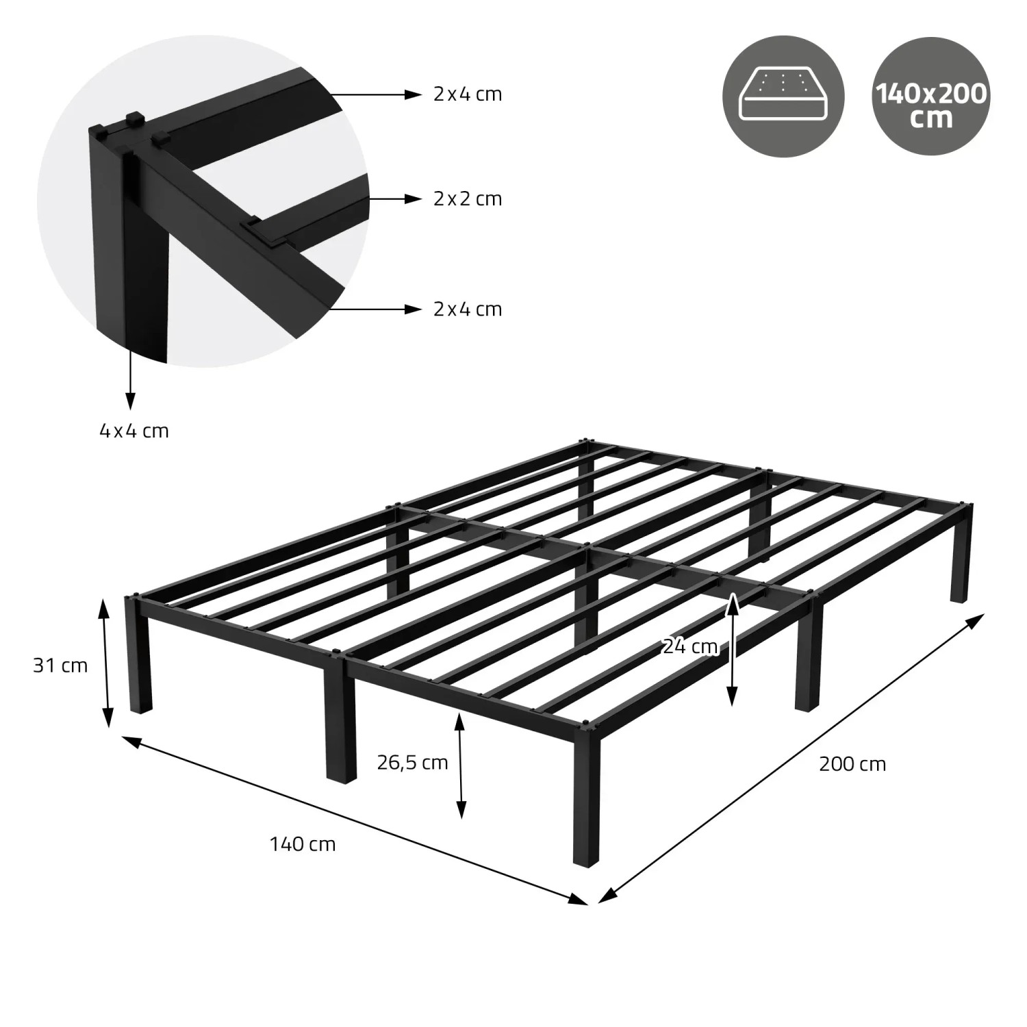 ML-Design Metallbett 140x200 cm, Stahlrahmen, Lattenrost, Bettgestell in Schwarz mit Maßangaben.
