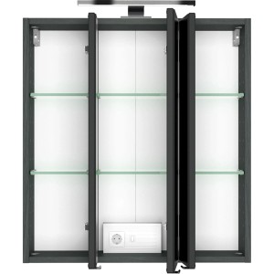 Offener Held Möbel 3D-Spiegelschrank Bari 60 cm in Graphitgrau mit Glasböden und Aufsatzleuchte.