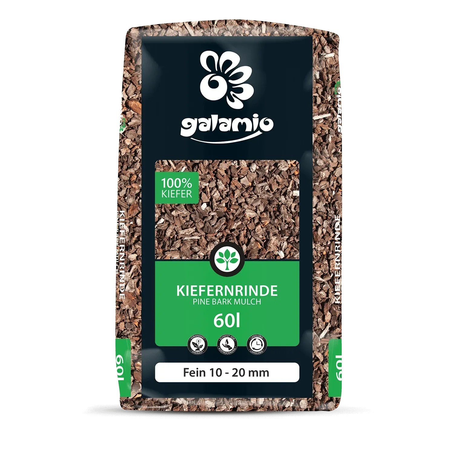 Sack Galamio Kiefernrinde Fein, 60l x 13, 780l, 1/3 Palette. Rindenmulch für Garten und Beet.