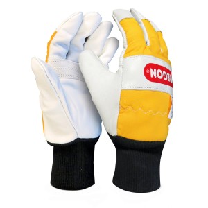 Scheibler Schnittschutzhandschuhe 295399, gelb/weiß, Größe L. Arbeitshandschuhe aus Leder für Kettensägenarbeiten.