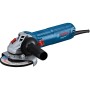 Blauer Bosch Professional Winkelschleifer GWS 12-125 mit Schleifscheibe und Zusatzhandgriff.