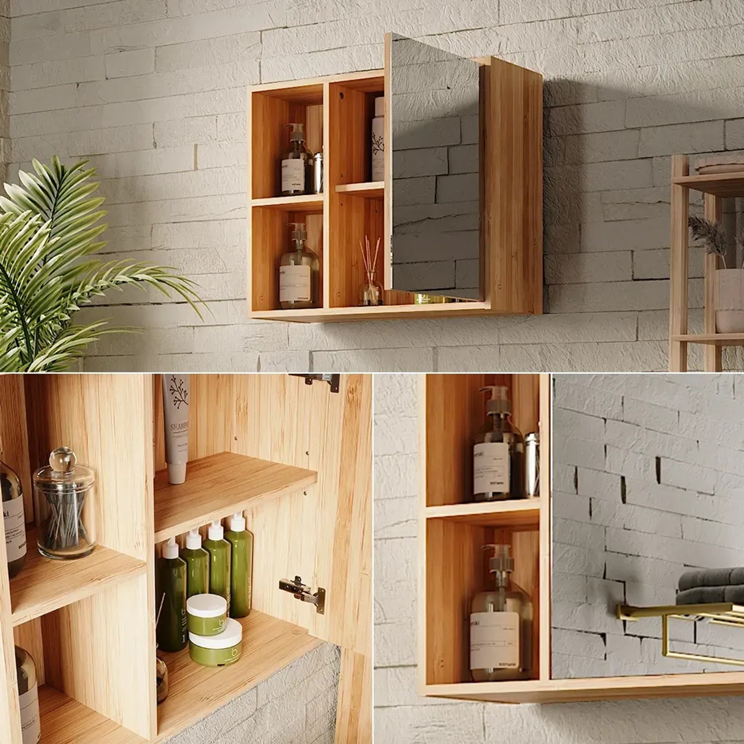 Vicco Badspiegelschrank Lucie Bambus, 54x45cm, mit Spiegeltür und offenen Fächern.