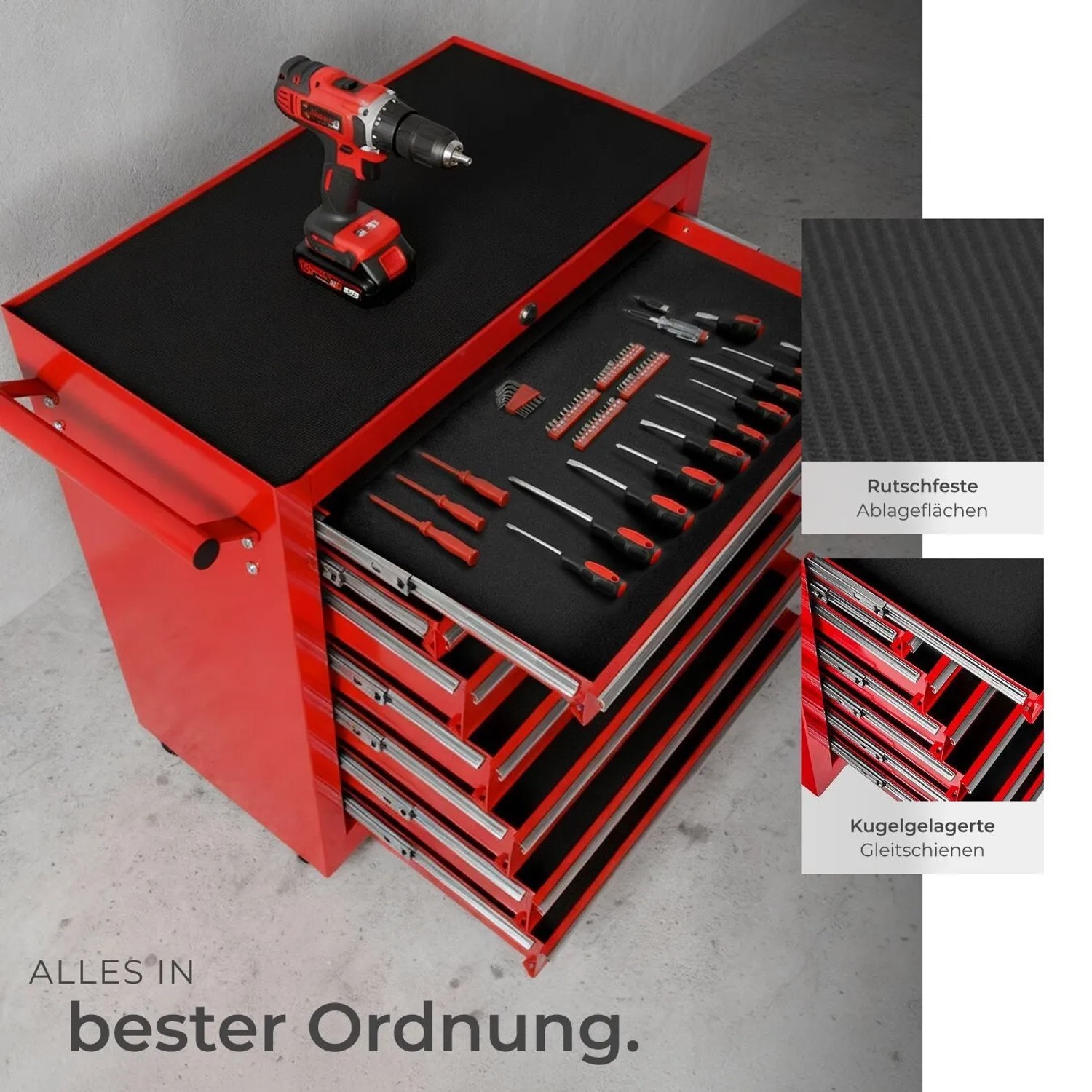 Tectake Werkzeugwagen  7 Kugelgelagerte Schubladen Mit Antirutschmatten Belastbarkeit 150 kg  69 x 33 x 79 cm Rot_5