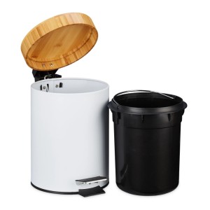 Relaxdays Mülleimer Stahl Bambus Weiß mit Trittpedal Absenkautomatik 24,5 cm x 17 cm x 23 cm 650 g
