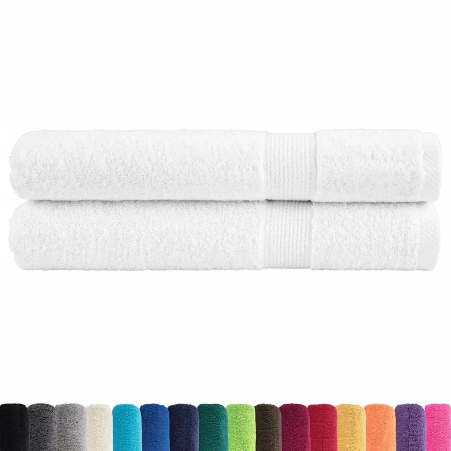Zwei weiße, gerollte Premium-Handtücher (100x200cm) aus 100% Baumwolle (600 g/m²).