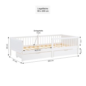 Homestyle4u Kinderbett 90x200 mit Matratze 2 Bettkästen Rausfallschutz Weiß 3096