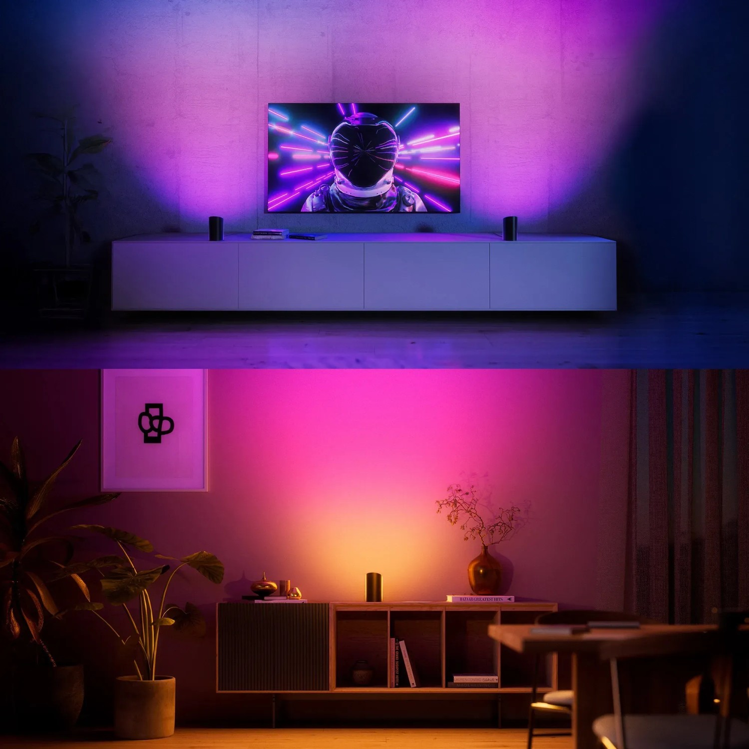 Philips Hue Play Wallwasher in Weiß, erzeugt farbiges Licht an der Wand hinter dem TV und auf einem Sideboard.