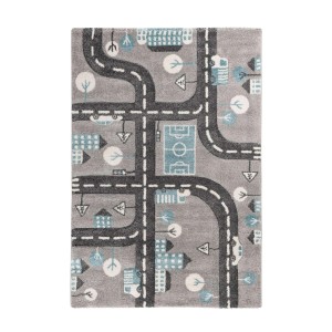 Silberner Kinderteppich 80x150 cm mit Straßen- und Fußballplatz-Motiv.
