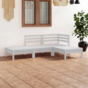Weißes 4-tlg. Garten Lounge Set aus Kiefernholz. Modulares Sofa mit Hocker für Garten oder Terrasse.