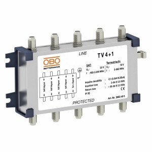 OBO Bettermann Koaxial-Schutzgerät TV4+1 für SAT- & Kabel-Multiswitch. Silbernes Elektroinstallationsmaterial mit F-Anschlüssen.