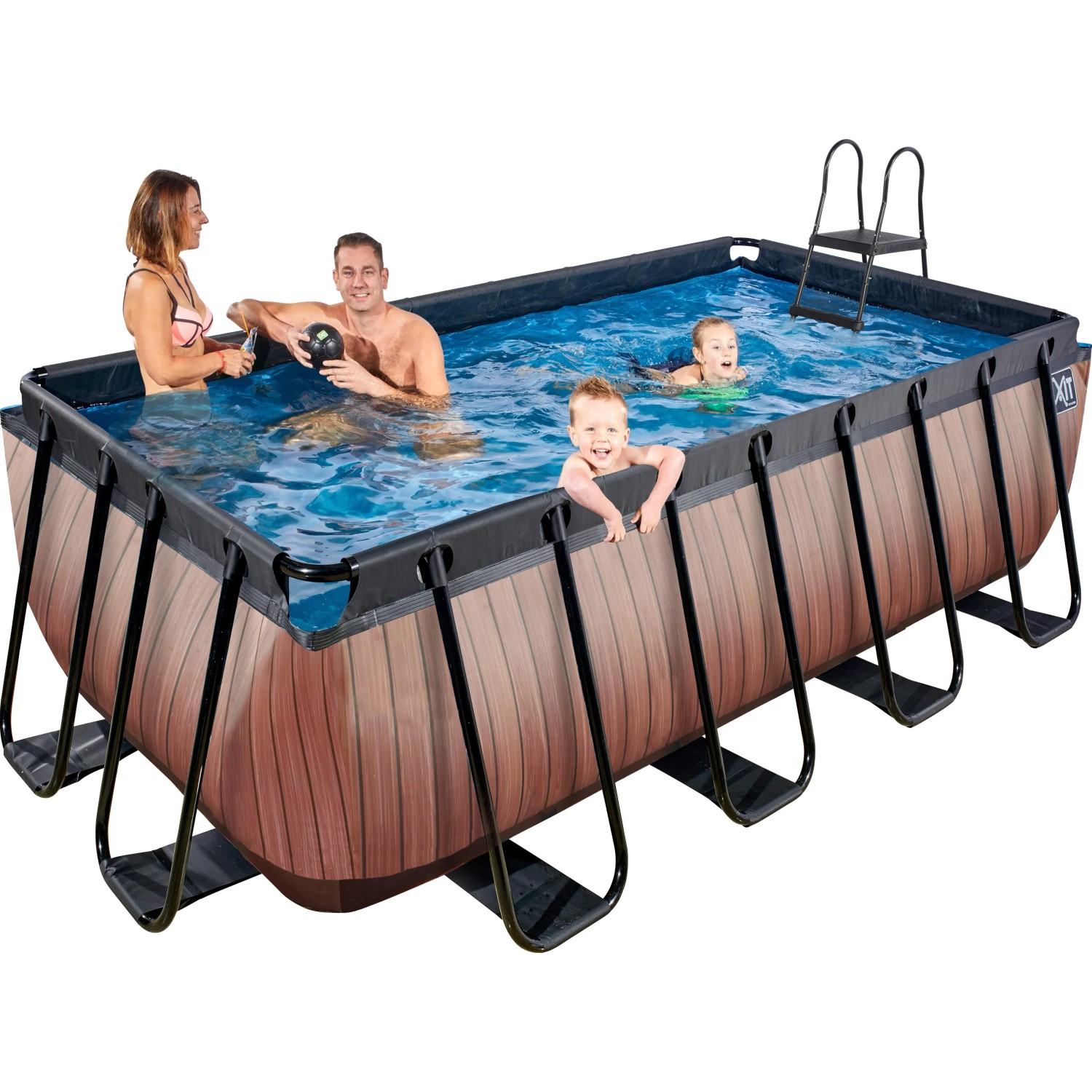 Rechteckiger EXIT Wood Pool 400x200x122 cm mit Filterpumpe und Poolleiter im Garten mit Familie.