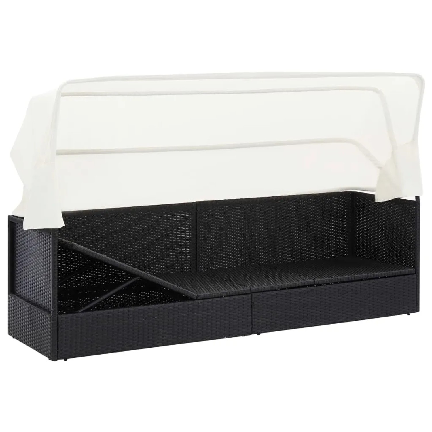 Schwarzes VidaXL Gartensofa mit Sonnendach aus Poly Rattan.