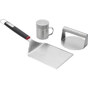 Jamestown Grill Smash-Burger Set, 3-teilig: Burgerpresse, Grillwender und Gewürzstreuer aus Edelstahl.