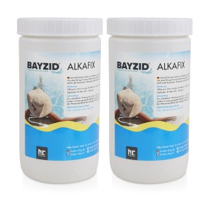 Zwei Dosen Bayzid Alkafix zur Anhebung der Alkalinität (TA) im Poolwasser, je 1kg.