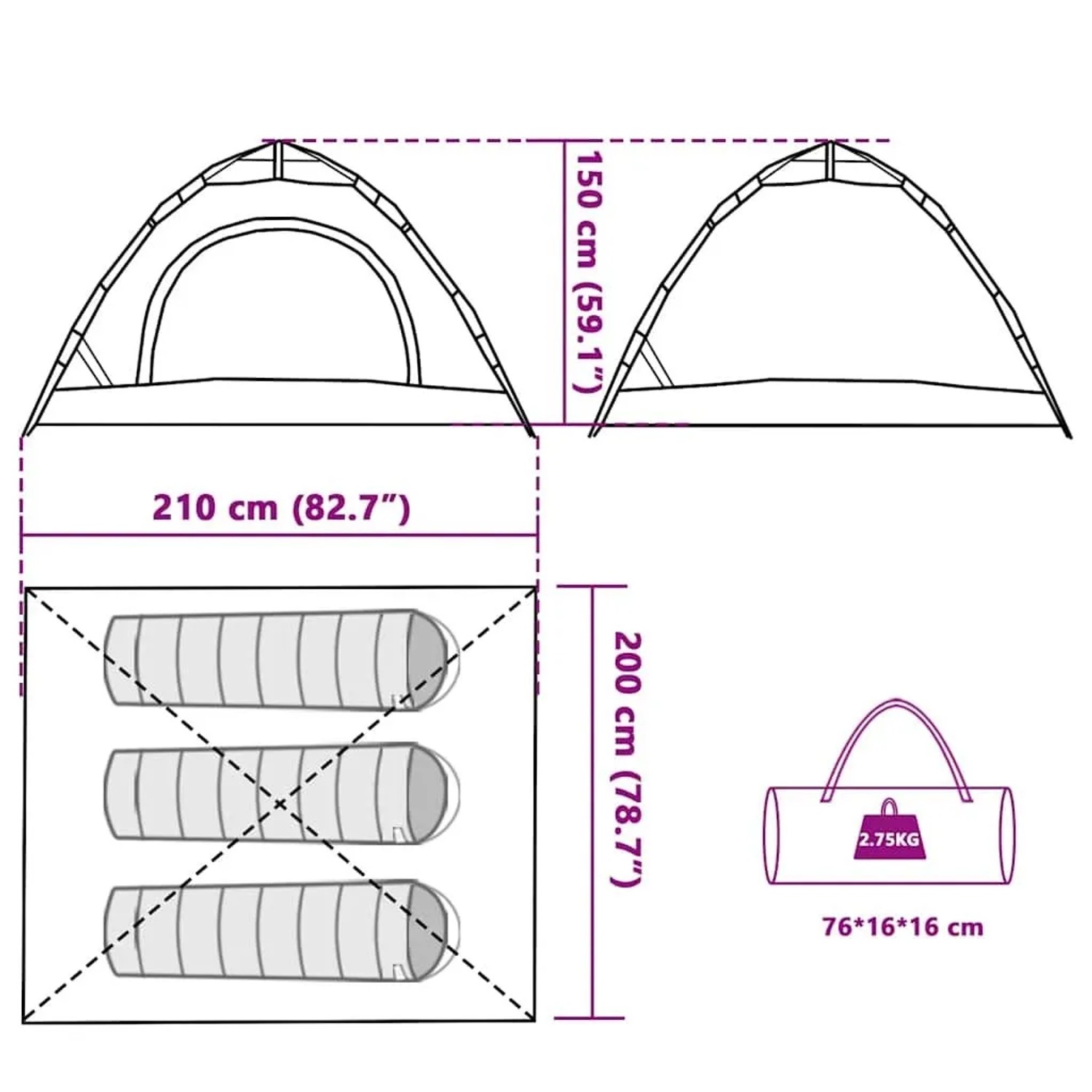 vidaXL Campingzelt 3 Personen Weiß Verdunkelungsstoff Quick Release 4004168_15