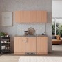 Respekta Küchenblock KB150BBC 150 cm in Buche mit Spüle, Kochfeld und Kühlschrank.