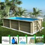 Rechteckiger ALTANKA Holzpool Aqua mit Leiter und Zubehör im Garten.
