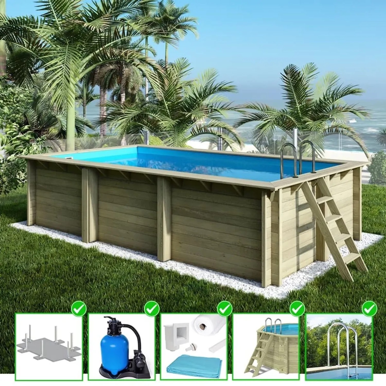 Rechteckiger ALTANKA Holzpool Aqua mit Leiter und Zubehör im Garten.
