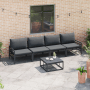Anthrazitfarbenes 4-teiliges Garten-Sofa-Set aus Stahl mit Tisch und bequemen Kissen.