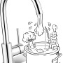 Chrom Küchenarmatur KI-1030 von baliv mit hohem, schwenkbarem Auslauf und Cartoon-Illustration.