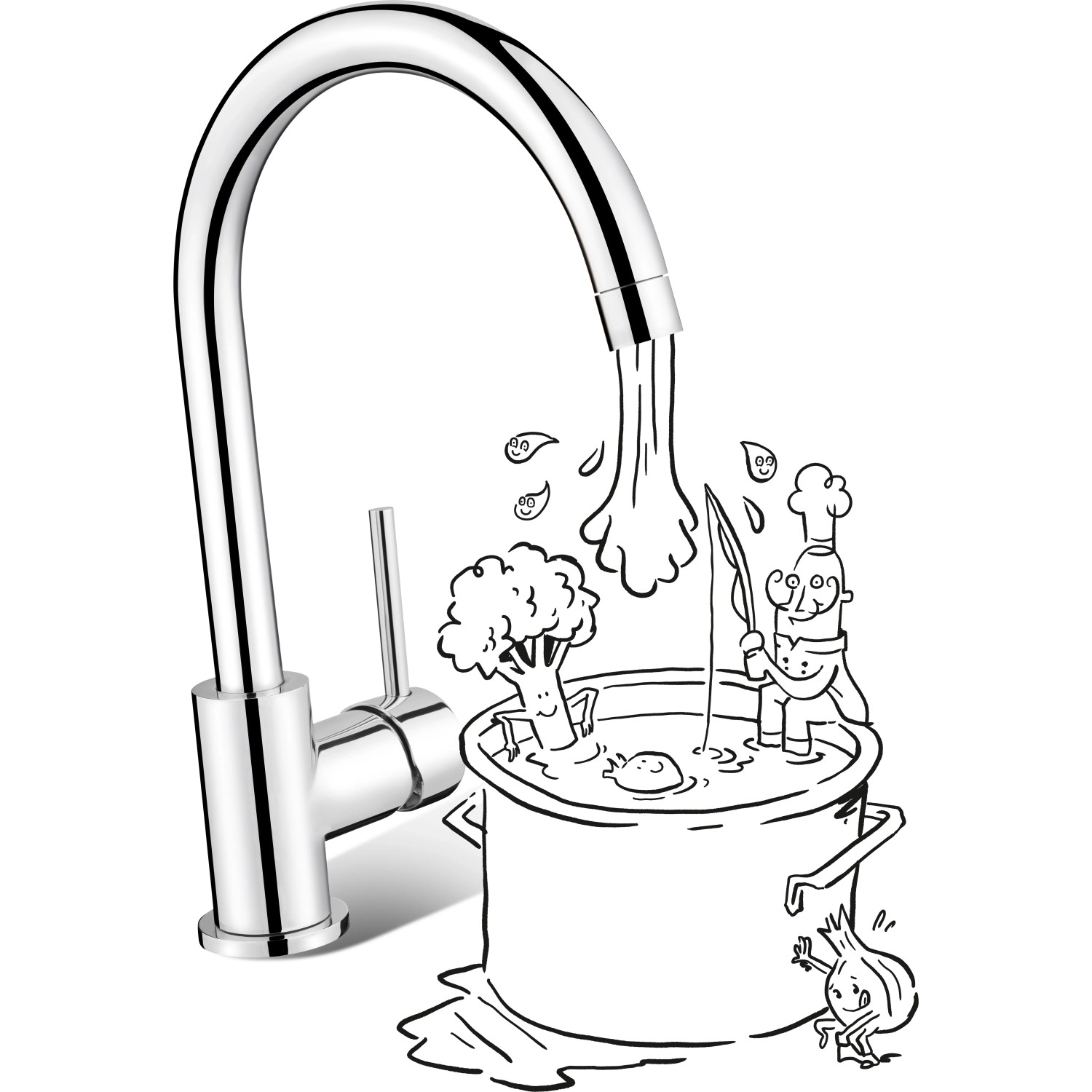 Chrom Küchenarmatur KI-1030 von baliv mit hohem, schwenkbarem Auslauf und Cartoon-Illustration.