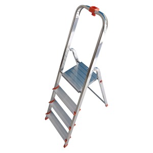4-stufige Haushaltsleiter aus Aluminium mit Ablageschale und Anti-Rutsch-Stufen.
