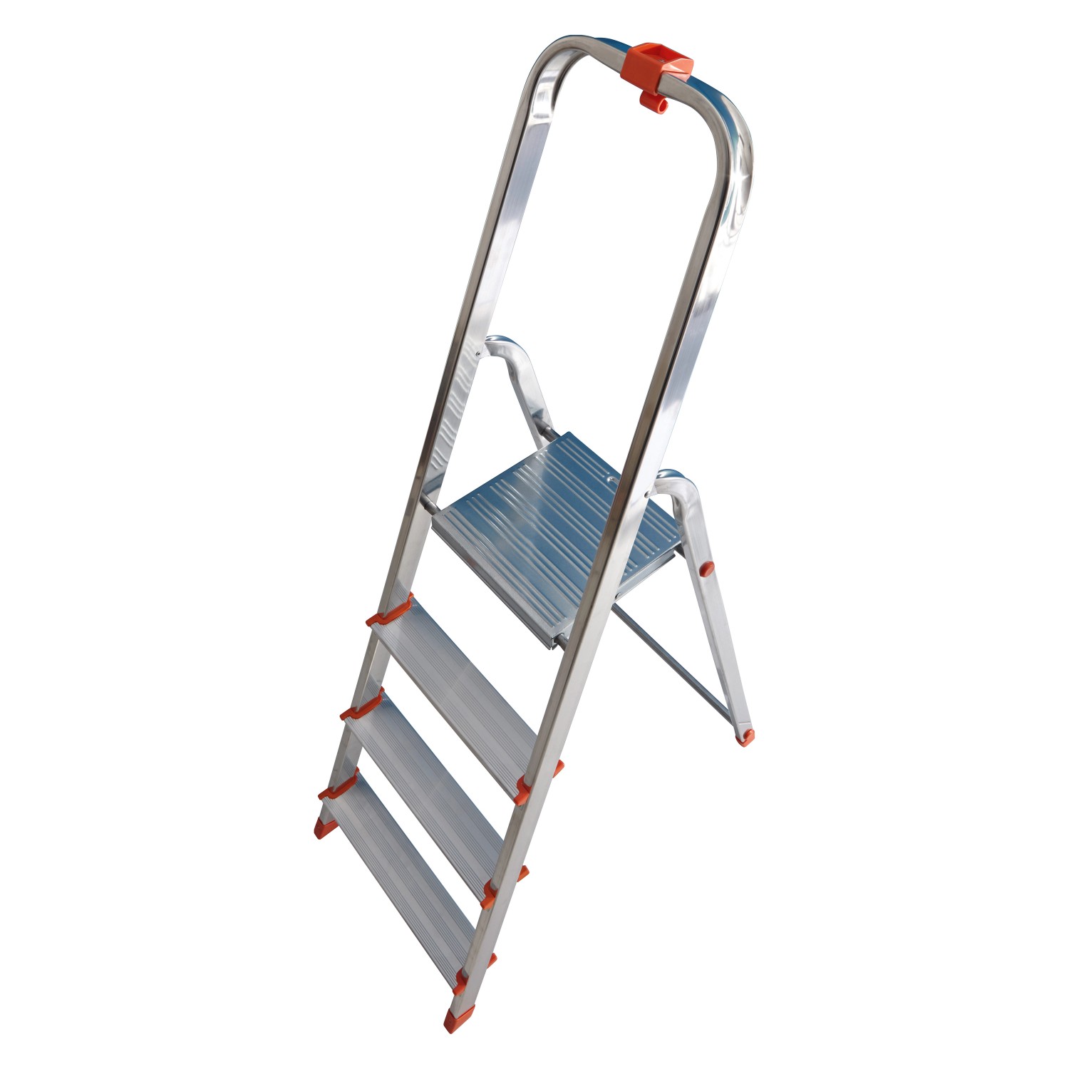 4-stufige Haushaltsleiter aus Aluminium mit Ablageschale und Anti-Rutsch-Stufen.