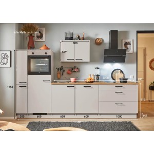 Moderne pino Küchenzeile in Kaschmirgrau, 310 cm breit, mit Elektrogeräten und Seitenschrank links.