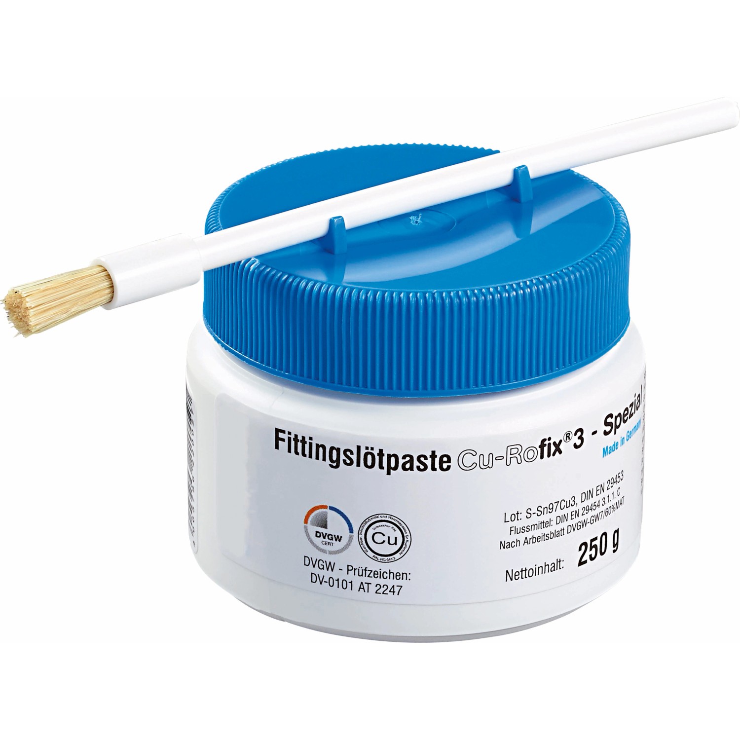 Weichlötpaste 250g im weißen Behälter mit blauem Deckel und Pinsel.